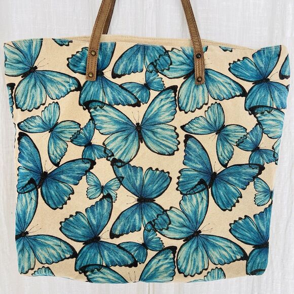 Cott N Curls Handbags - Cott N Curls Blue & Beige Butterfly Tote Bag